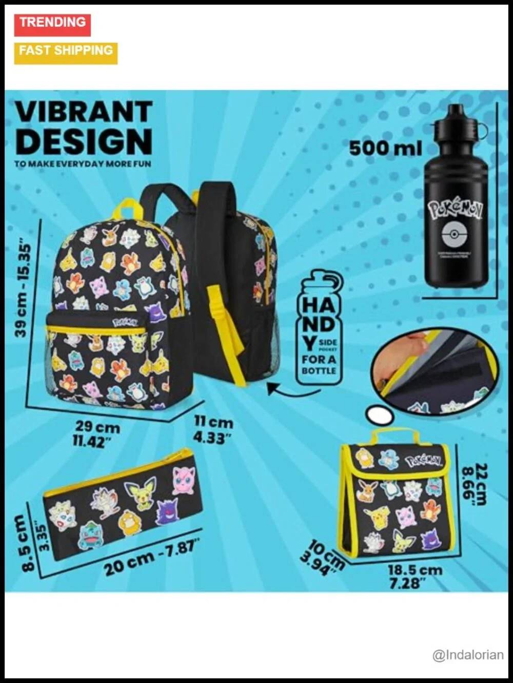Pokemon Backpack Set 4 Pcs Kids Backpack Water Bottle Pencil Case Lunch Bag or